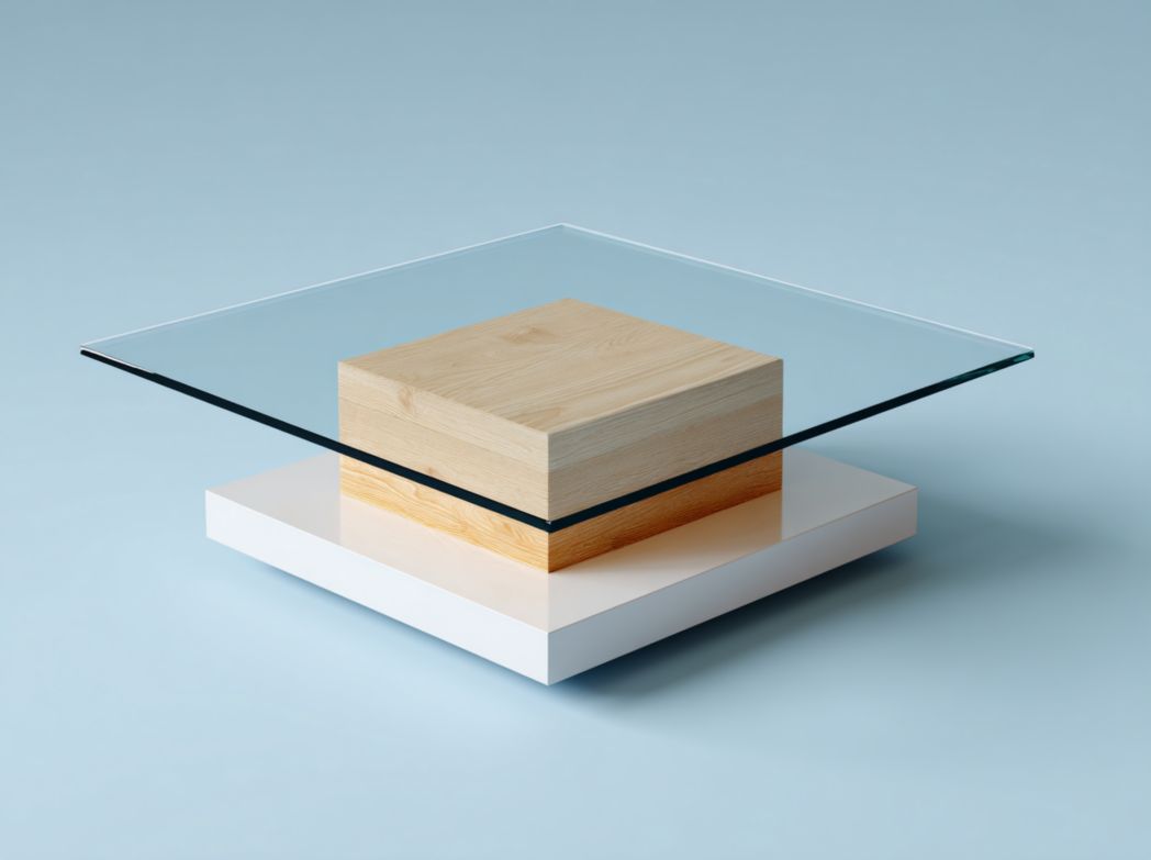 Table basse carrée avec plateau en verre, support cubique en bois et base blanche