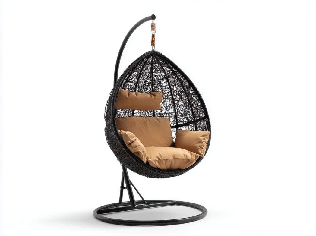 Fauteuil suspendu en métal noir et rotin tressé noir avec coussins bruns