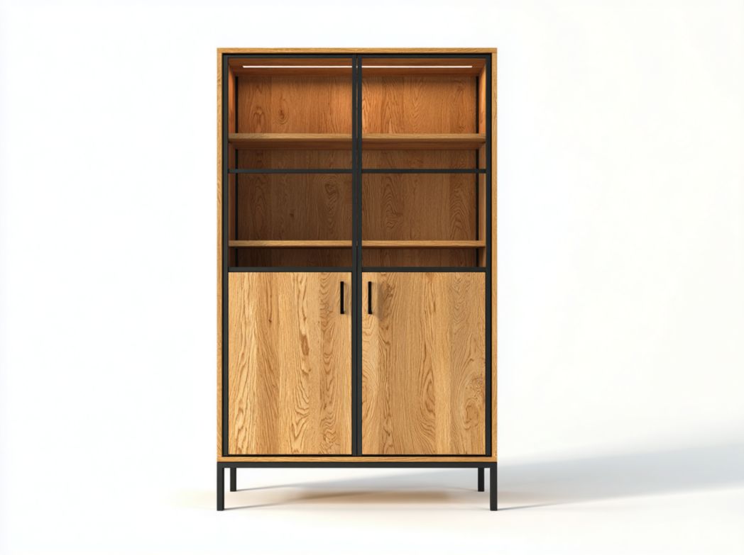Vitrine en bois avec structure métallique et portes doubles