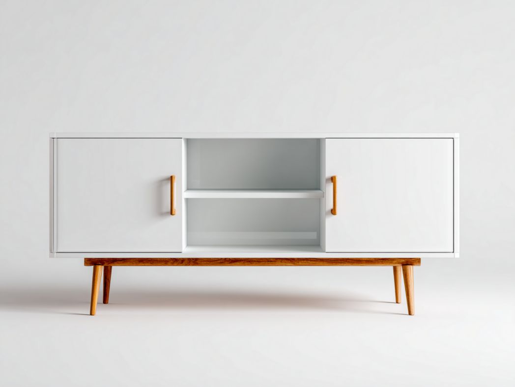 Meuble TV blanc avec deux portes et espace central ouvert sur pieds en bois