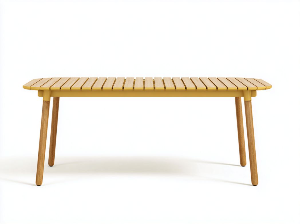 Table de jardin rectangulaire bois jaune à plateau lattes et pieds bois