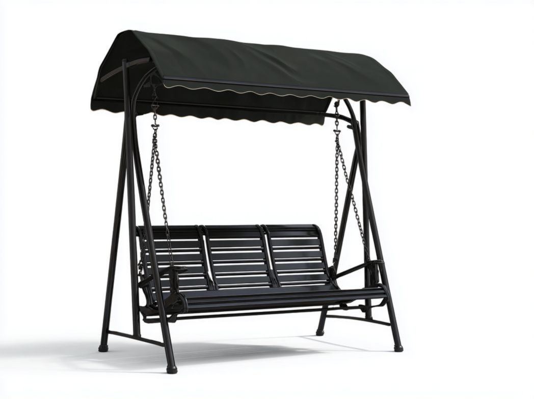 Balancelle en métal noir avec auvent et siège 3 places à lattes