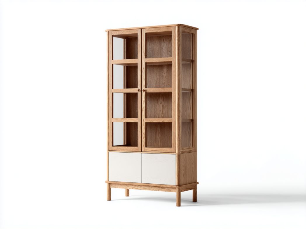 Bibliothèque bois et blanc avec deux portes vitrées et deux portes pleines quatre compartiments
