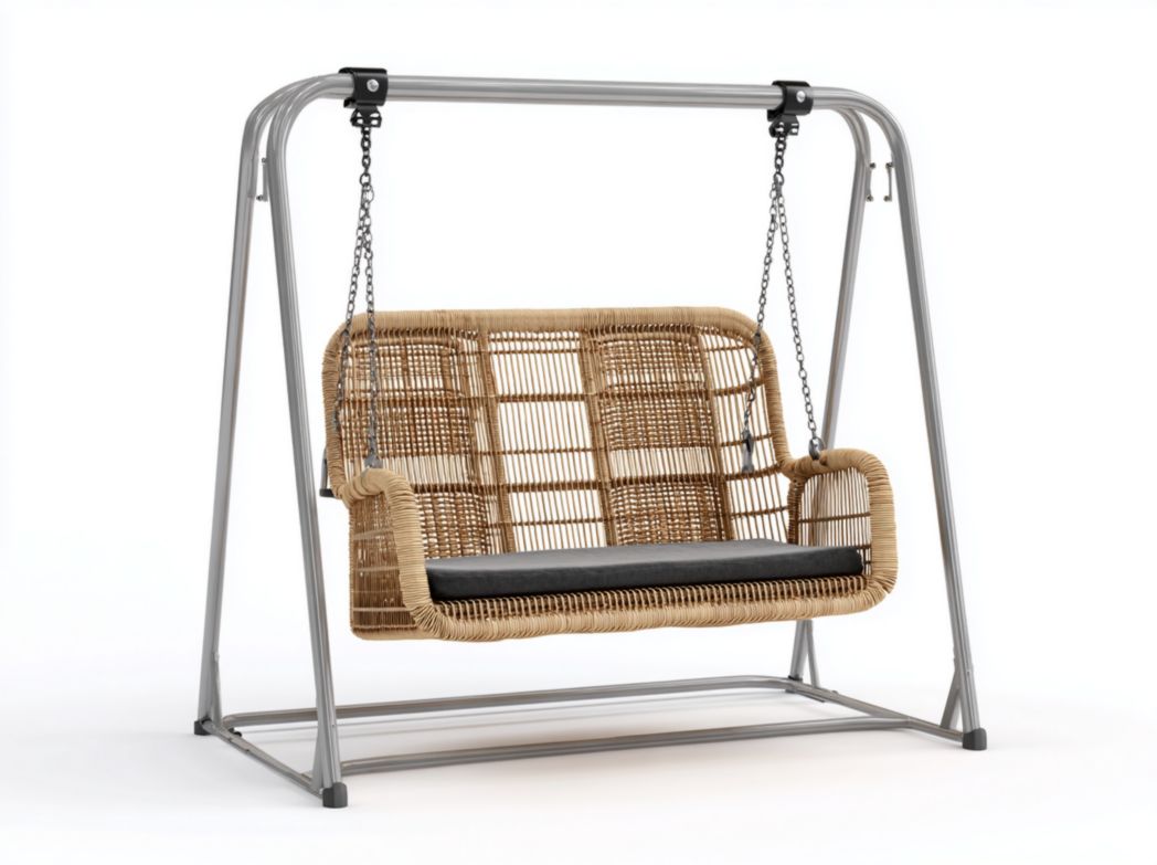 Balancelle 2 places en métal avec assise en rotin et coussin noir