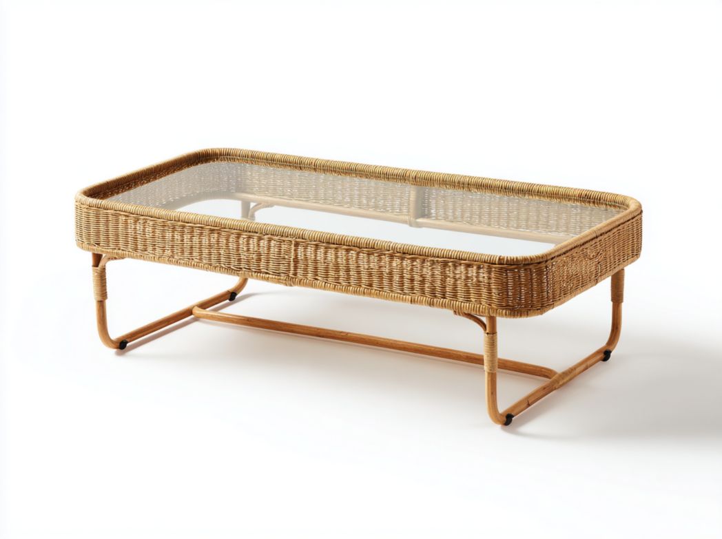 Table basse de jardin rectangulaire en rotin avec plateau en verre, coloris naturel