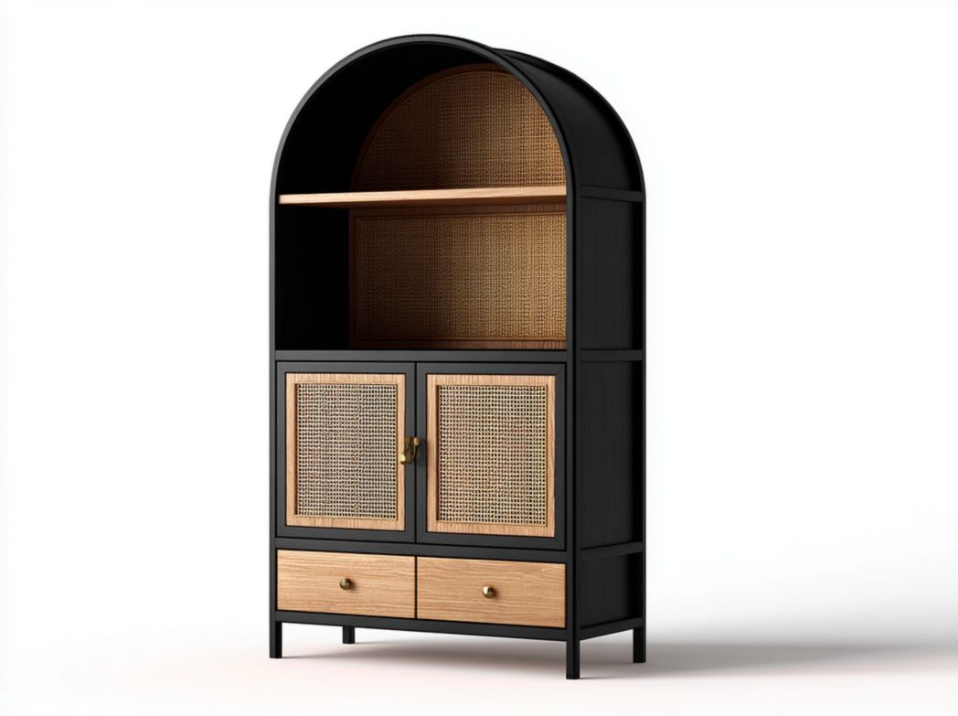 Vitrine à sommet arqué avec cadre noir, portes en rotin et deux tiroirs