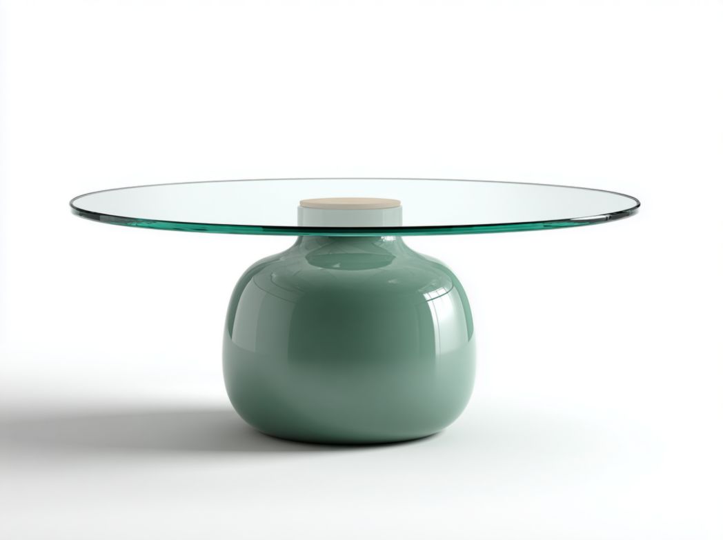 Table basse ronde avec plateau en verre transparent et base bombée verte