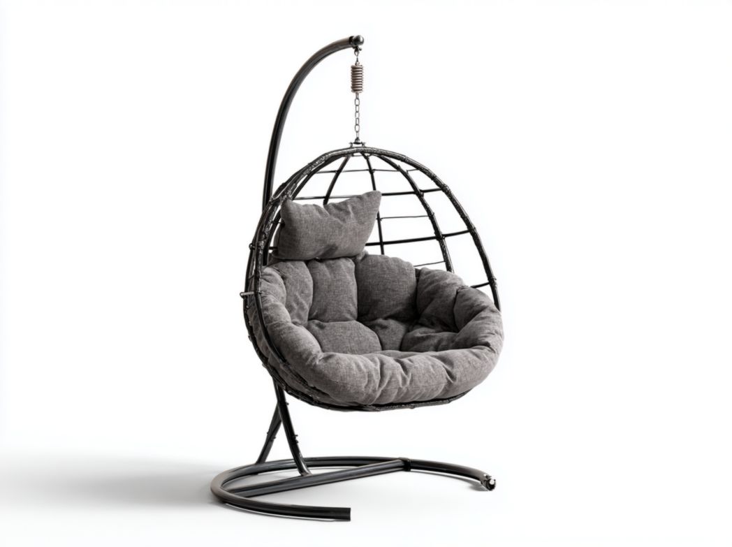 Fauteuil suspendu œuf en métal noir avec coussin gris foncé