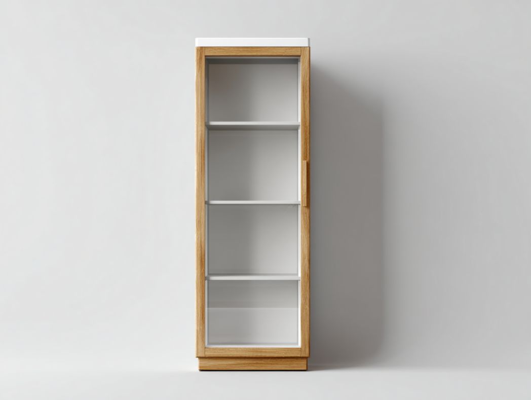 Vitrine en bois avec porte vitrée et quatre compartiments