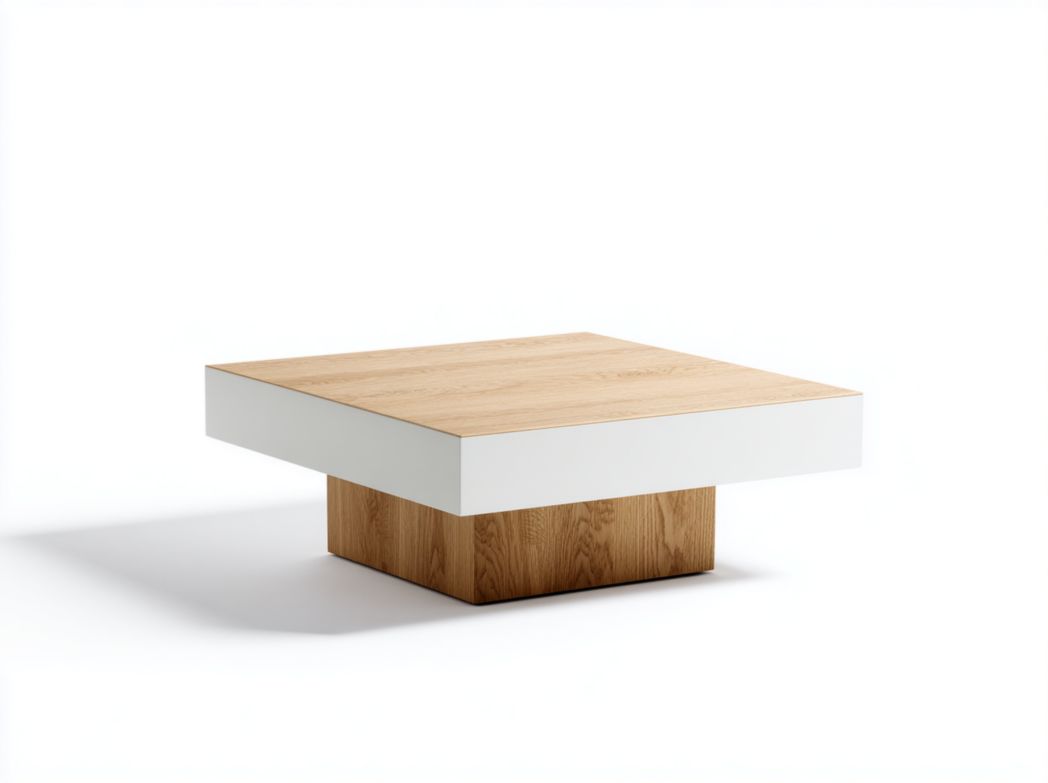 Table basse carrée en bois et blanc, structure combinée