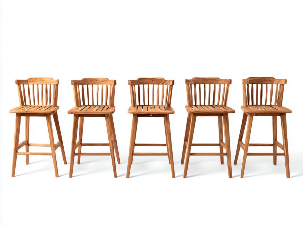 Lot de 5 chaises de bar de jardin en bois naturel – structure haute avec dossier à barreaux