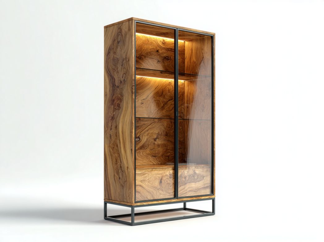 Vitrine en bois avec portes vitrées, trois niveaux et éclairage intégré