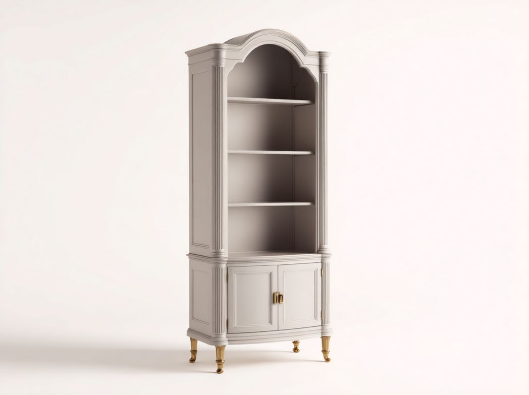 Bibliothèque gris clair à sommet arqué trois étagères ouvertes avec armoire à deux portes