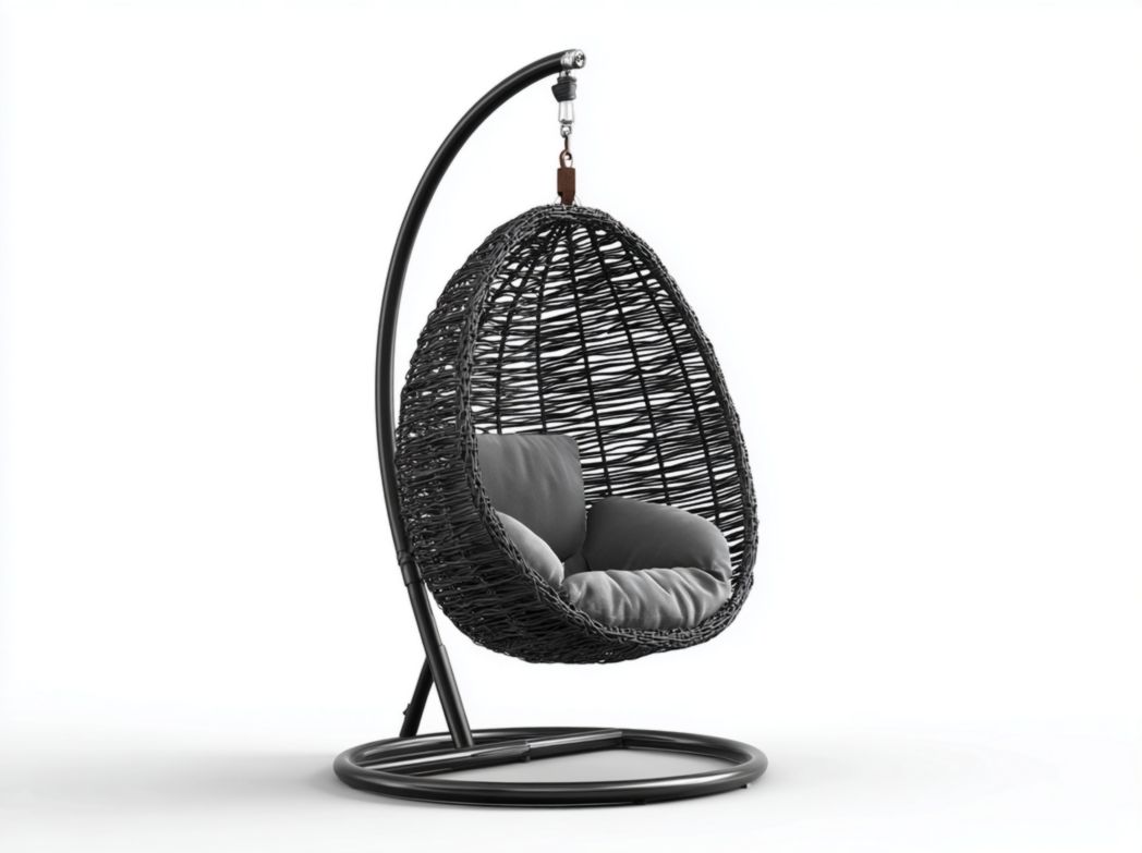 Fauteuil suspendu en métal noir avec assise en rotin ovale et coussins gris