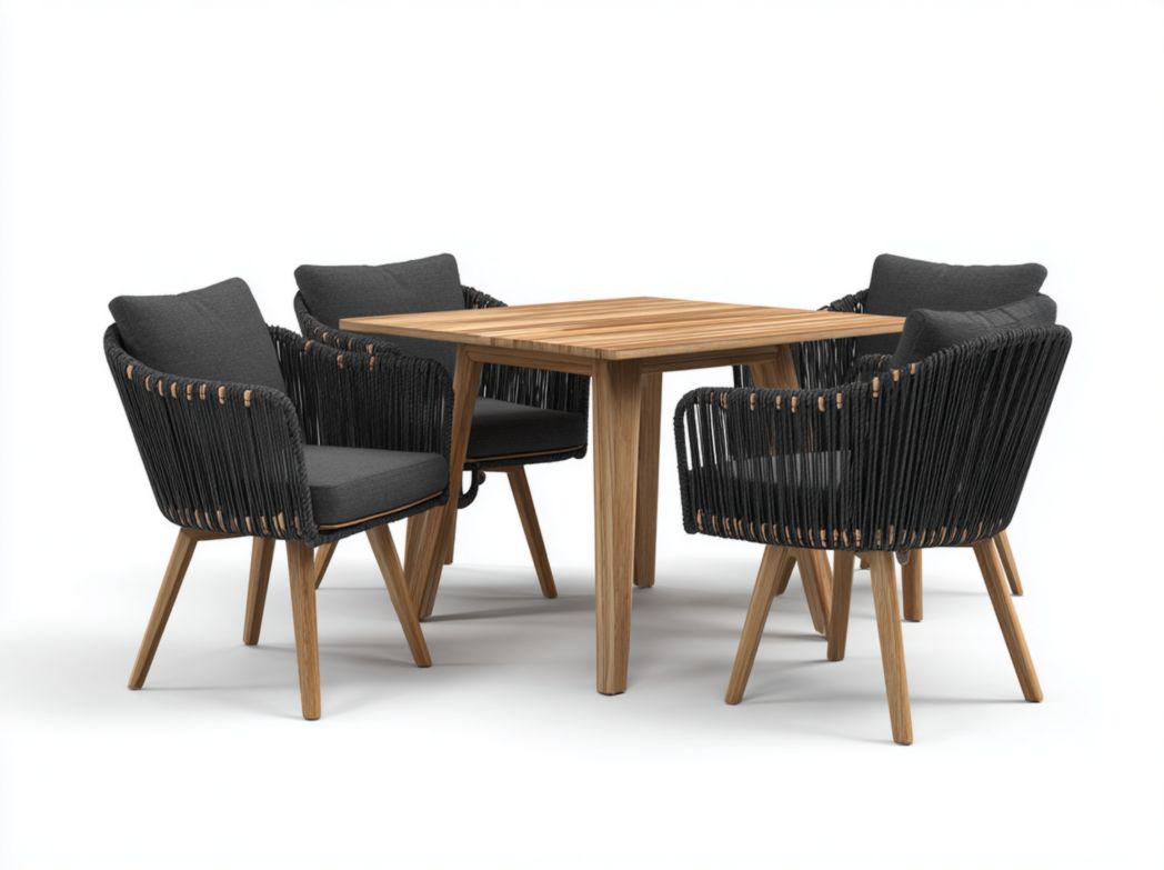 Ensemble de jardin avec table carrée en bois et quatre chaises tressées noires