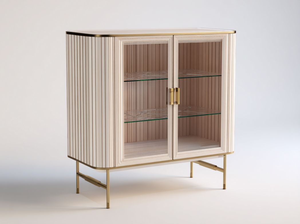Vitrine en bois avec portes vitrées doubles, supports métalliques et trois niveaux de rangement