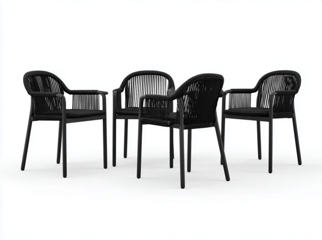 Lot de 4 chaises de jardin en métal et cordage noir, dossier arrondi avec accoudoirs
