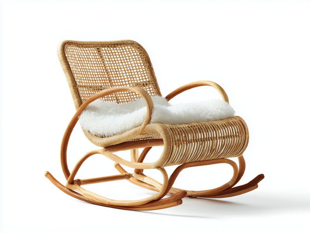 Fauteuil à bascule en rotin clair avec structure en bois et coussin blanc