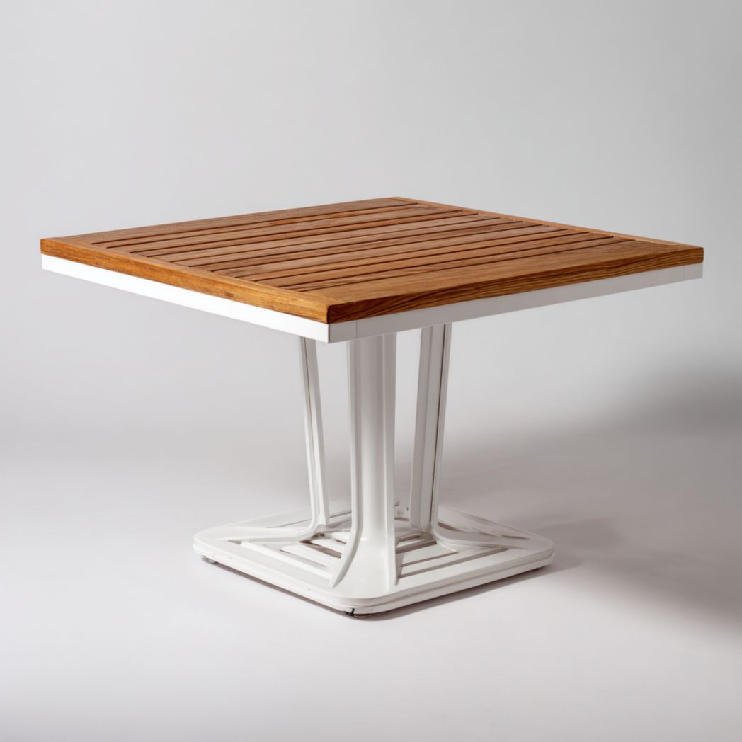 Table de jardin carrée bois et métal blanc avec piètement central