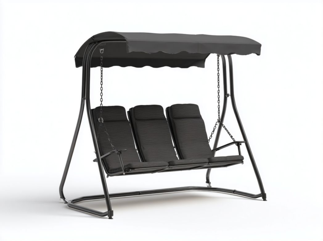 Balancelle 3 places en métal avec auvent noir et coussins noirs