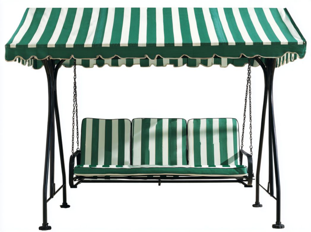 Balancelle 3 places en métal avec coussins rayés verts et toit assorti