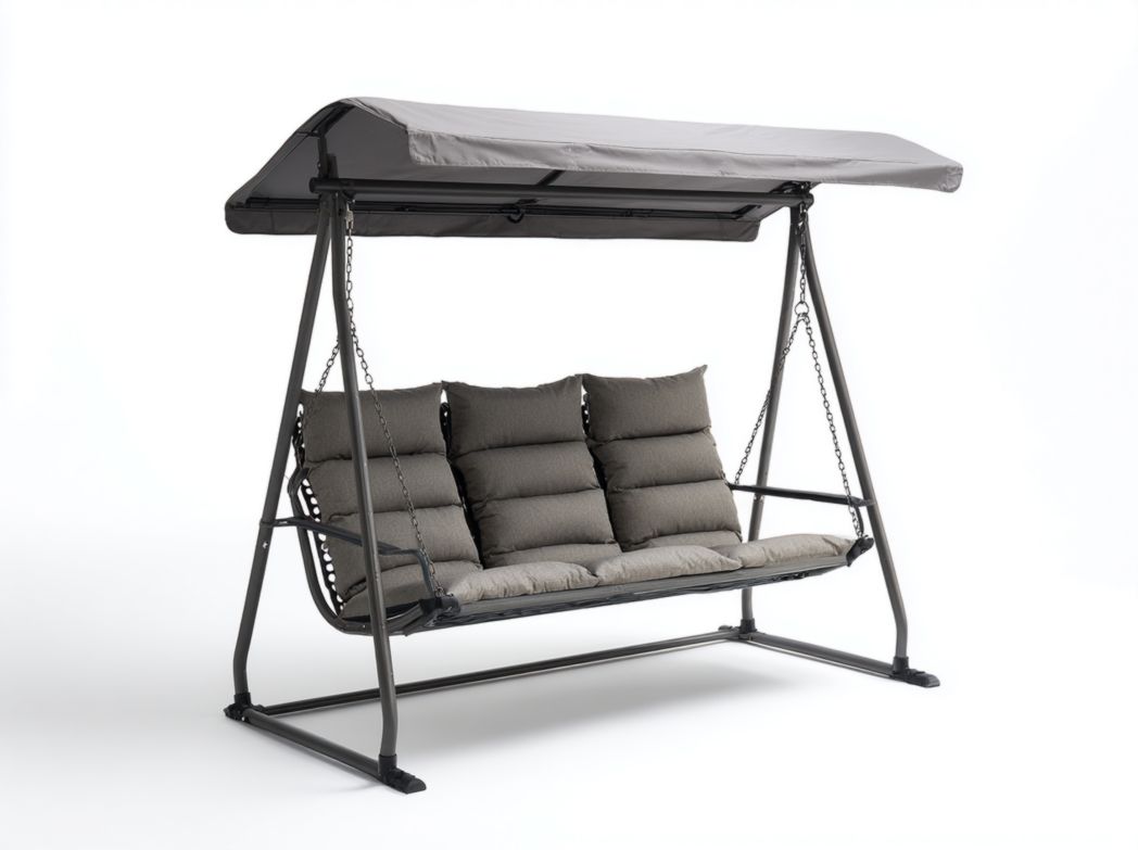 Balancelle 3 places en métal avec coussins et auvent gris