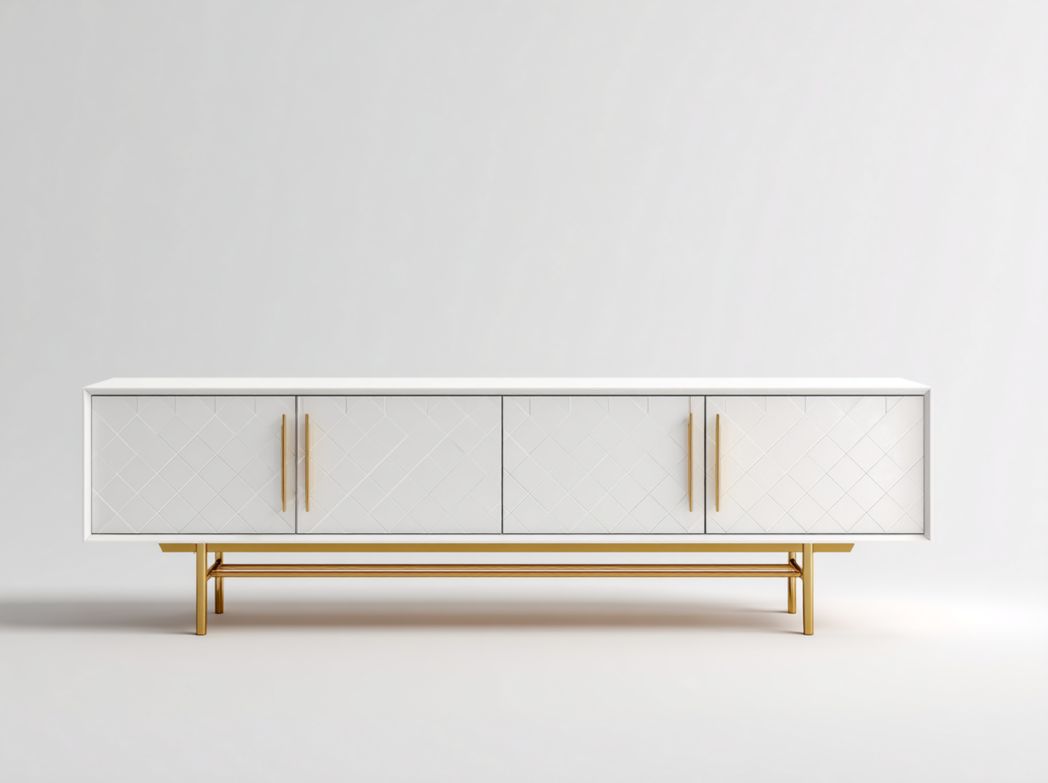 Meuble TV rectangulaire blanc à quatre portes avec base métallique dorée