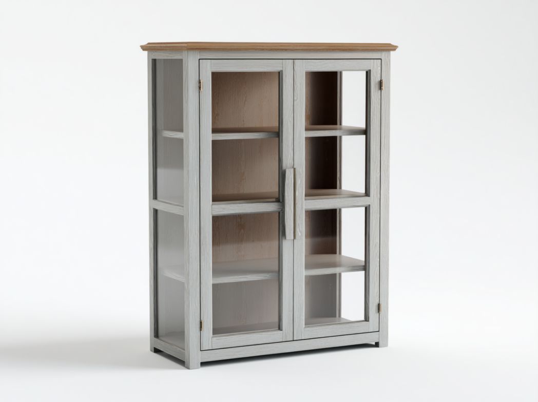 Vitrine double porte vitrée en bois gris et blanc avec quatre niveaux de rangement et plateau en bois naturel