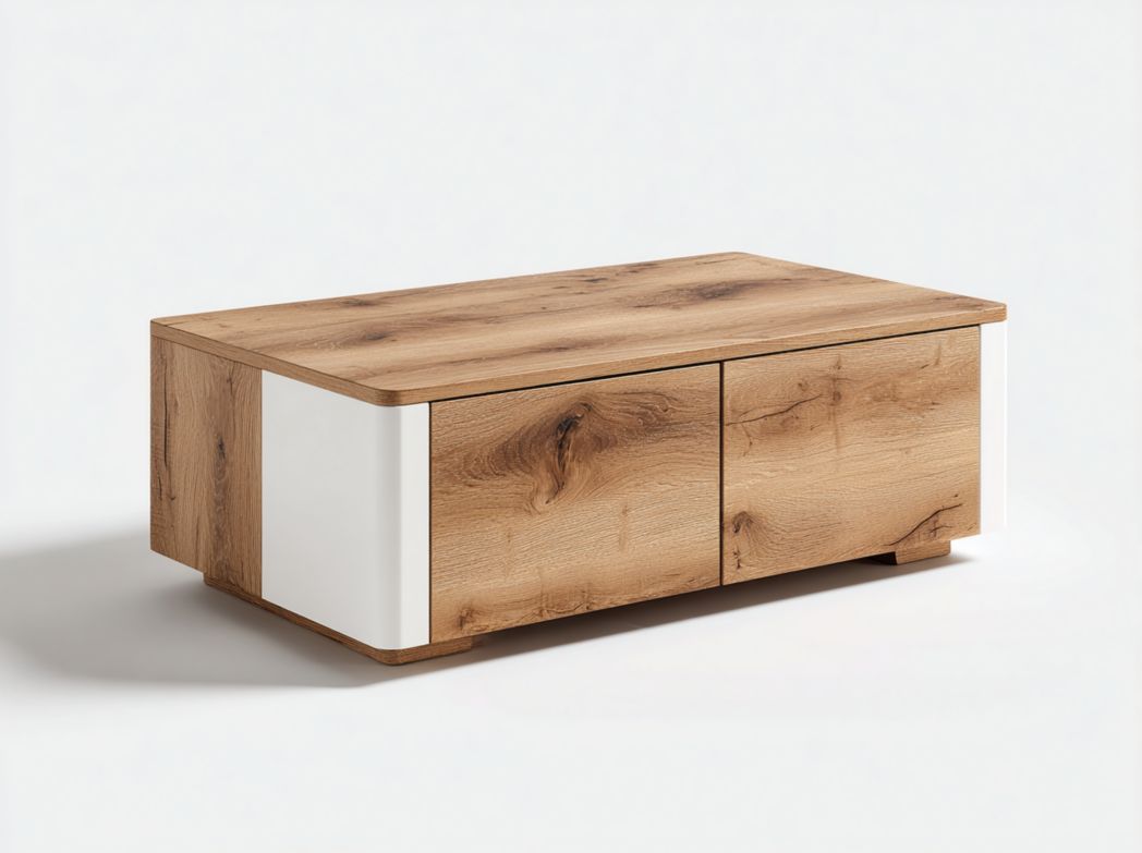 Table basse rectangulaire avec plateau à motif bois et panneaux latéraux blancs avec portes