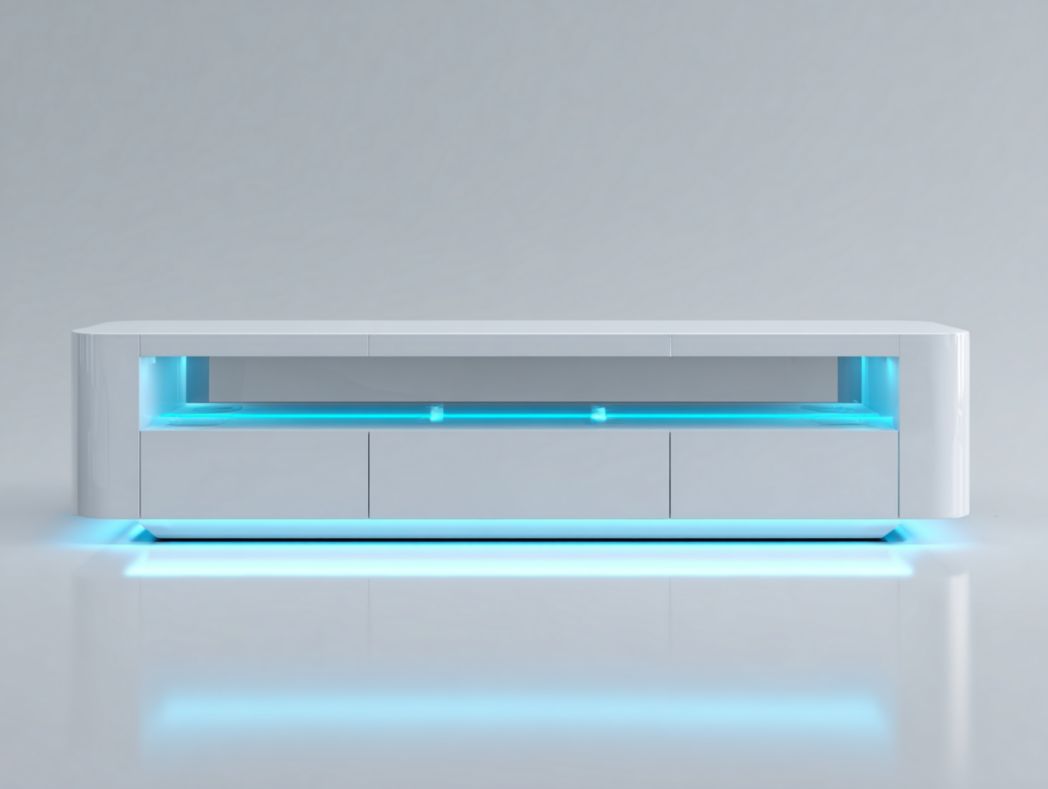 Meuble TV rectangulaire blanc avec trois tiroirs et éclairage bleu