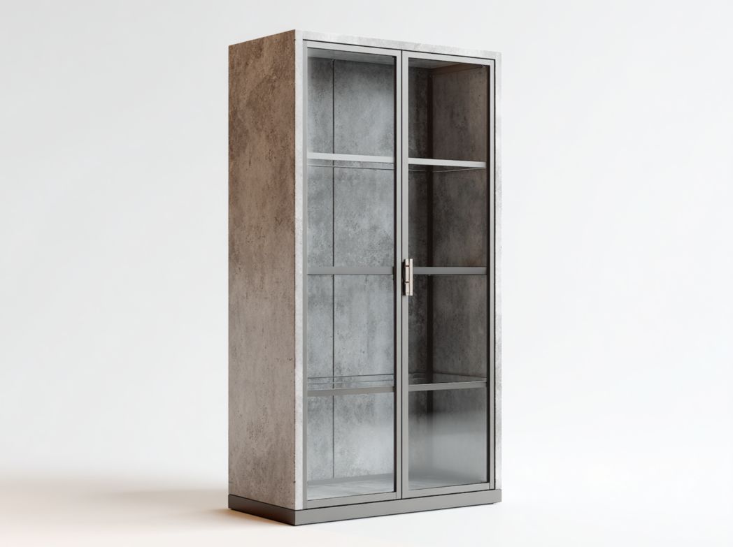 Vitrine de style béton avec doubles portes vitrées et quatre niveaux de rangement