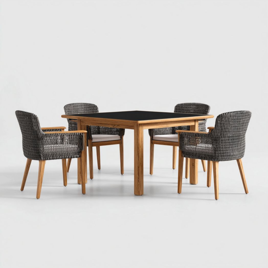 Ensemble bar de jardin – table carrée bois avec plateau noir et 4 fauteuils hauts en résine tressée grise