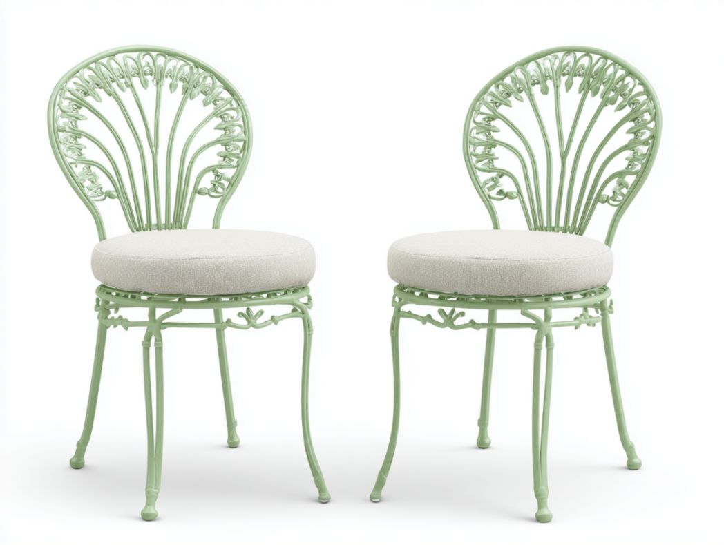 Lot de 2 chaises de jardin en métal vert avec dossier ajouré rond et coussins beige