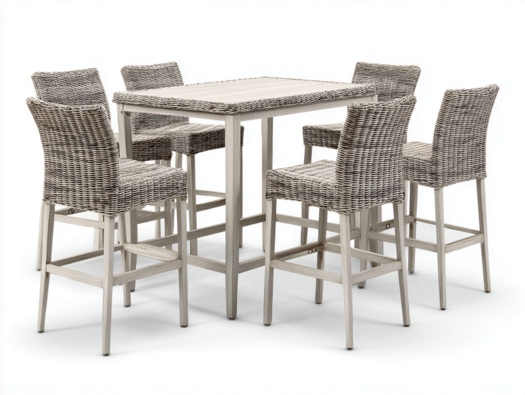 Ensemble bar de jardin en rotin synthétique gris blanc, 1 table rectangulaire et 6 tabourets hauts