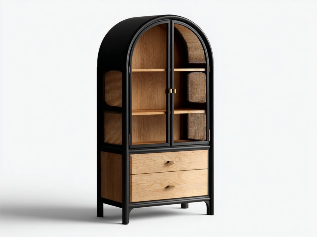 Vitrine en bois avec cadre noir, portes doubles arquées et deux tiroirs