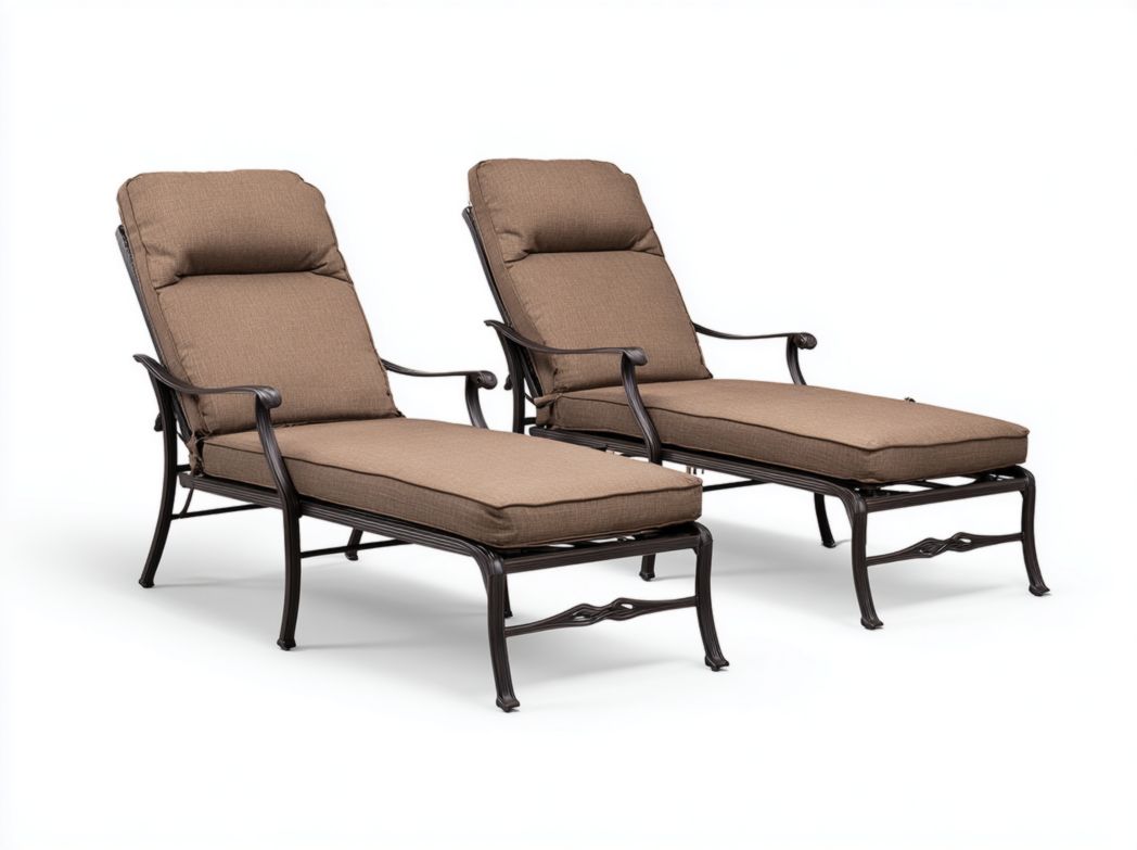 Lot de 2 chaises longues en métal foncé avec coussins bruns et accoudoirs