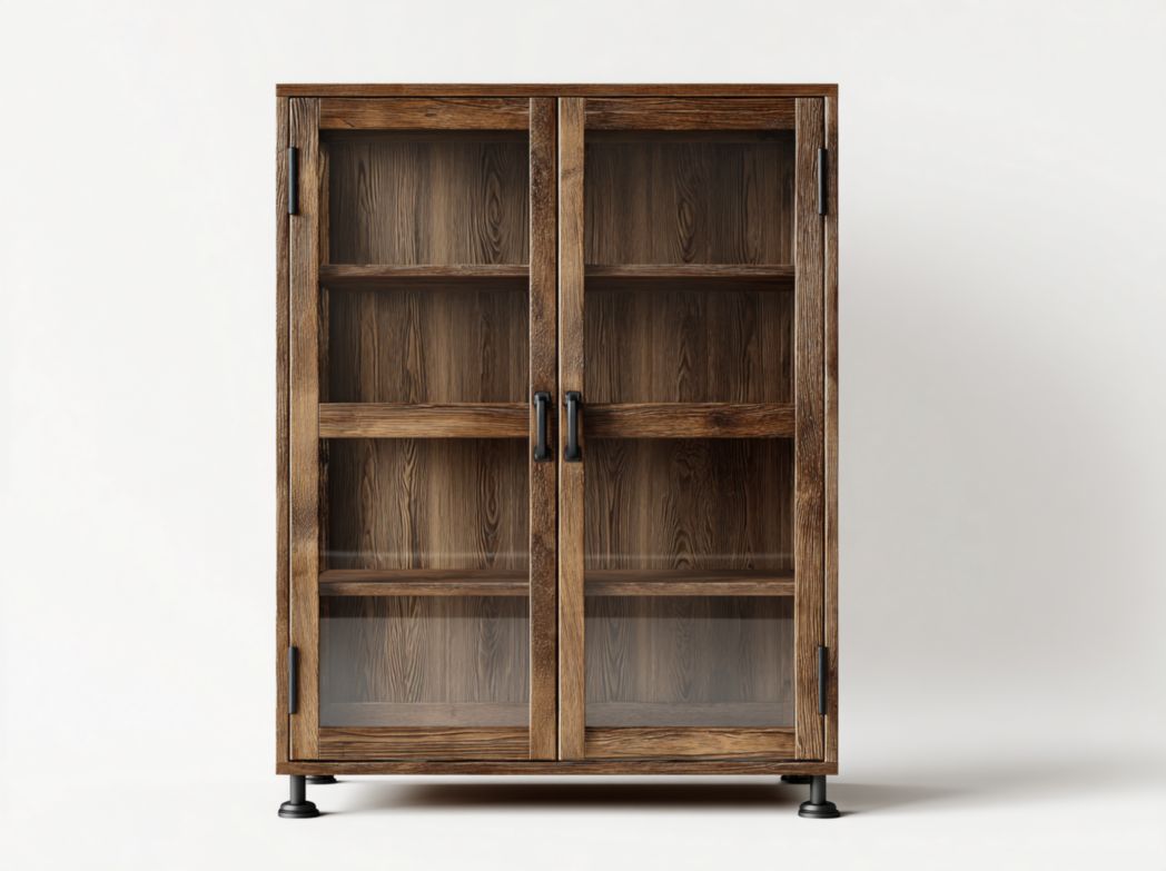 Vitrine en bois marron avec portes vitrées et quatre niveaux de rangement