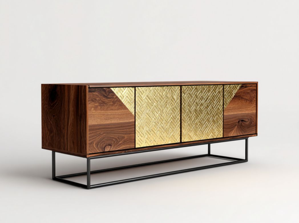 Meuble TV rectangulaire en bois et métal avec quatre portes, finition bois et doré