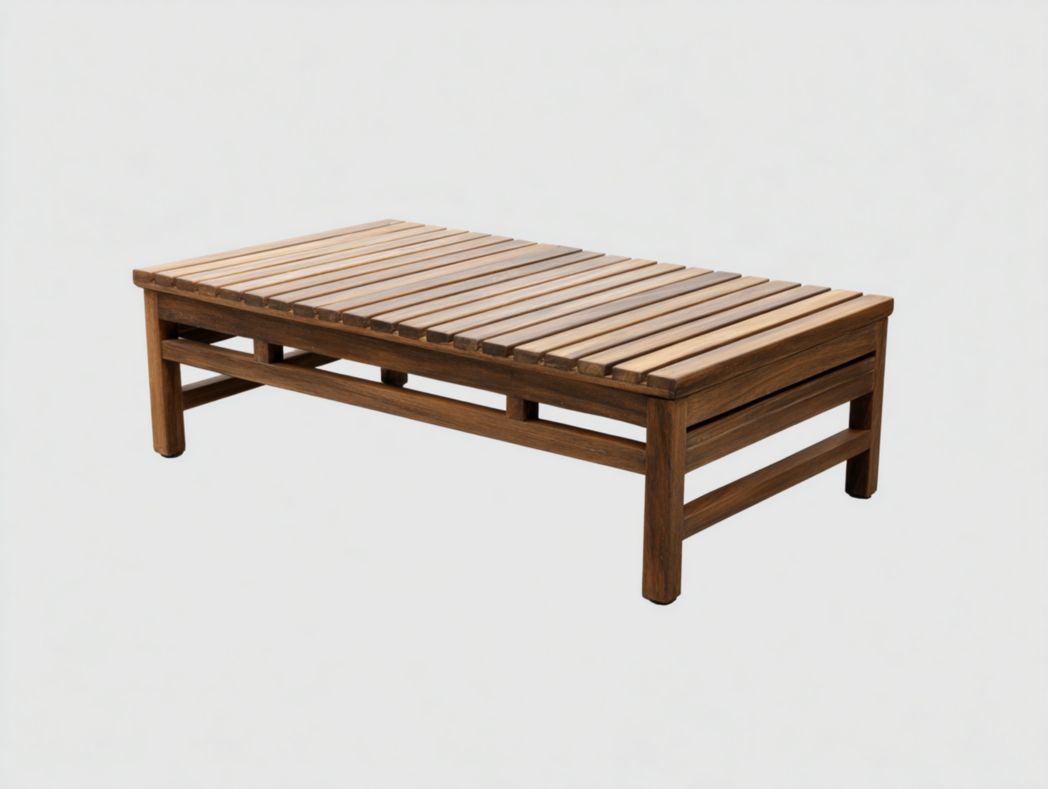 Table basse de jardin rectangulaire en bois brun foncé avec plateau à lattes