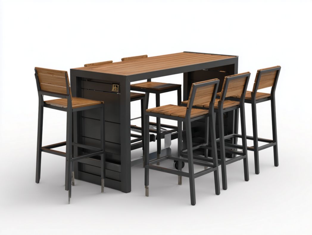 Ensemble bar de jardin rectangulaire métal et bois – 1 table noire et 6 chaises hautes assorties