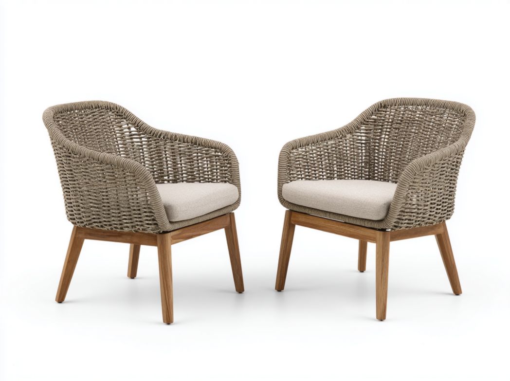 Lot de 2 fauteuils de jardin en rotin tressé gris brun avec coussins d’assise beige clair