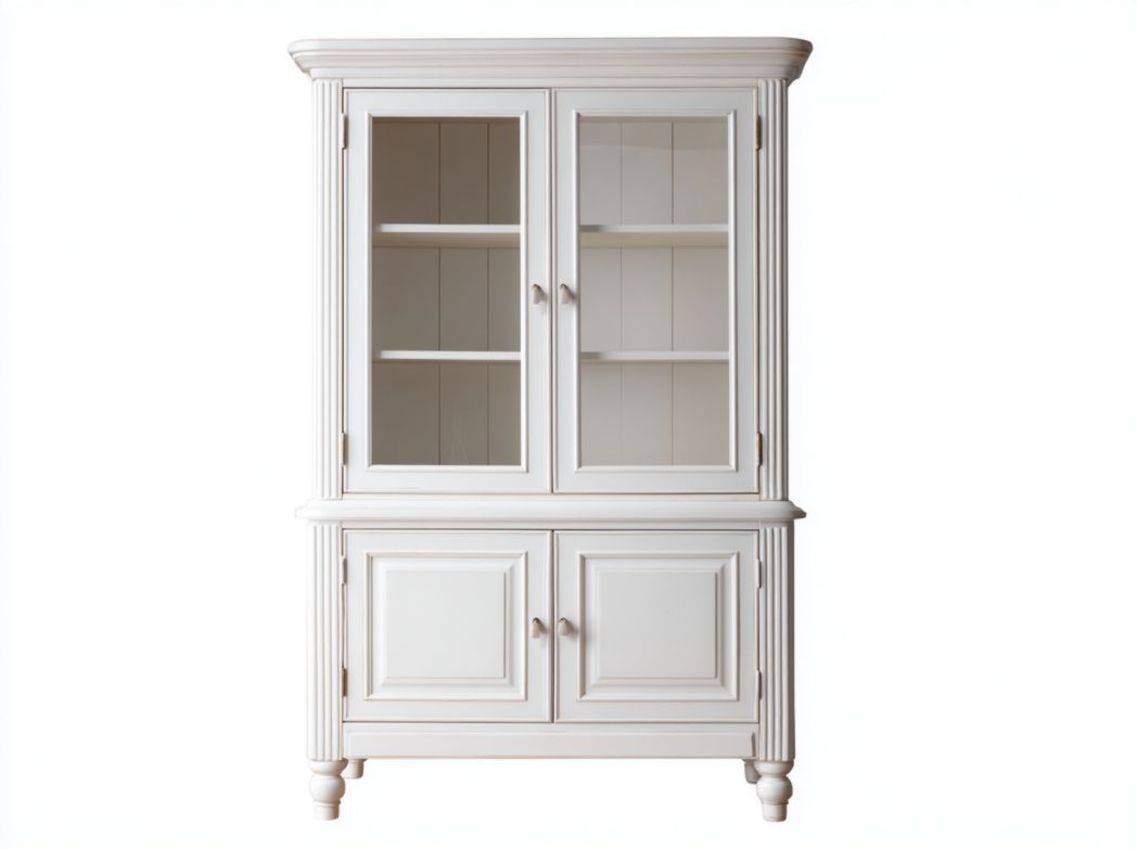 Bibliothèque en bois blanc à quatre portes vitrées et pleines