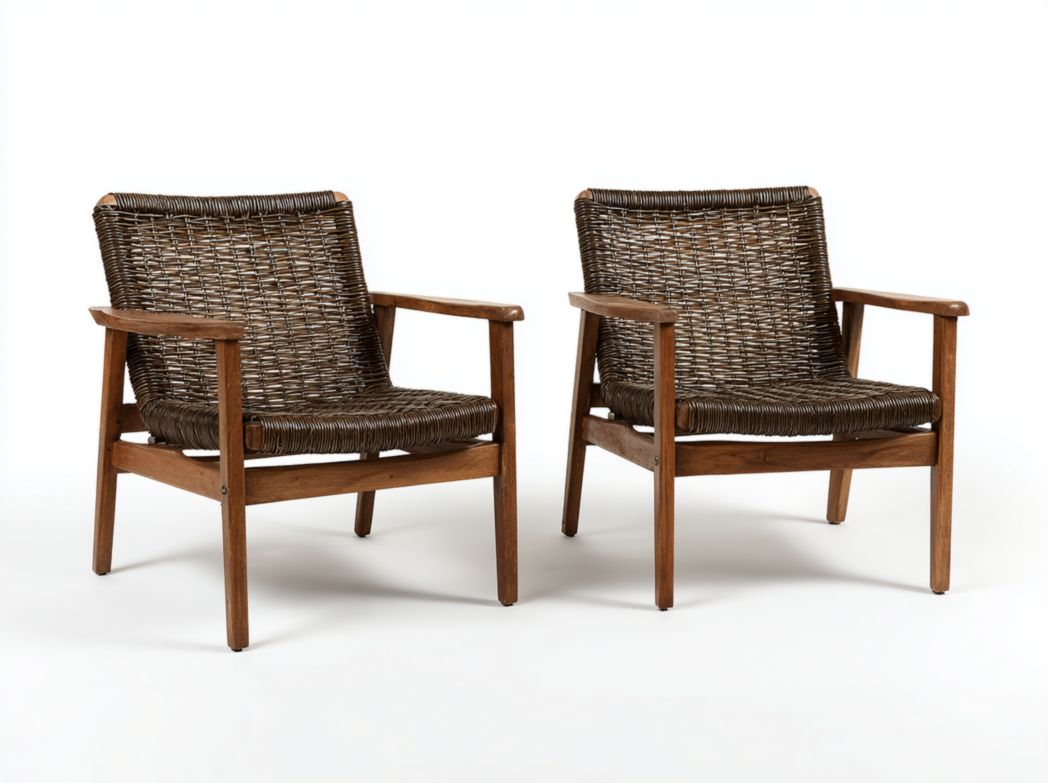 Fauteuils de jardin en bois et rotin｜ensemble de 2 chaises marron