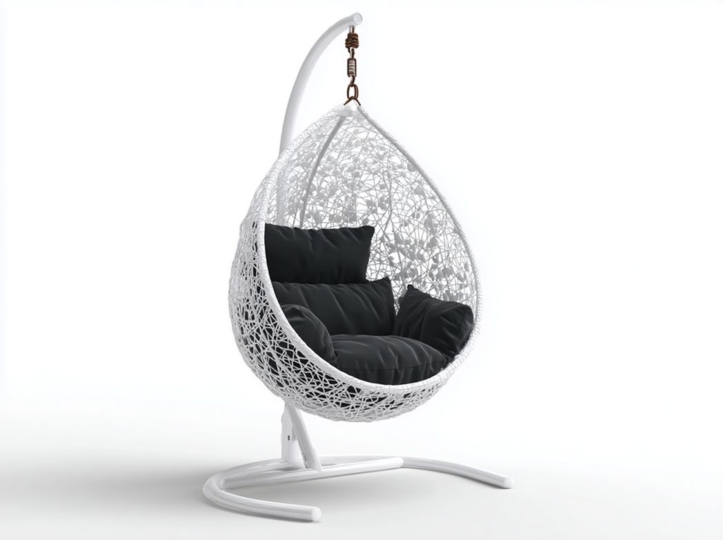 Fauteuil suspendu œuf en tressage blanc avec coussin noir