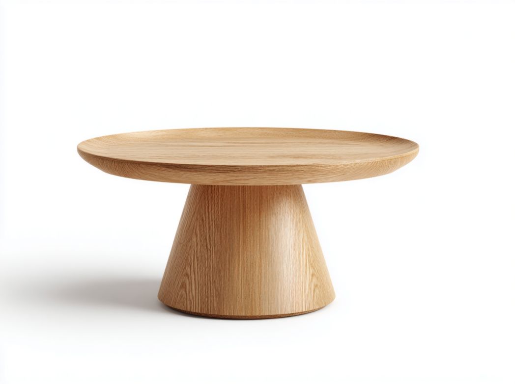 Table basse ronde avec plateau en bois et base en tronc de cône