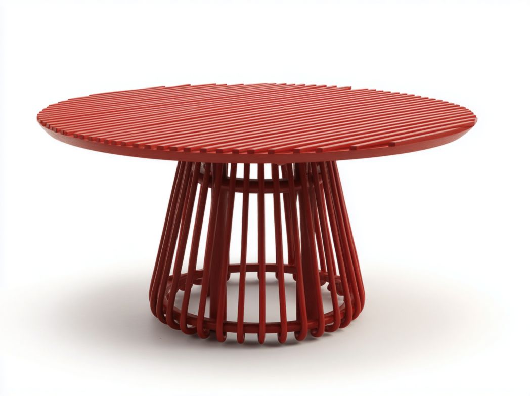 Table de jardin ronde métal rouge avec plateau à lattes et base ajourée