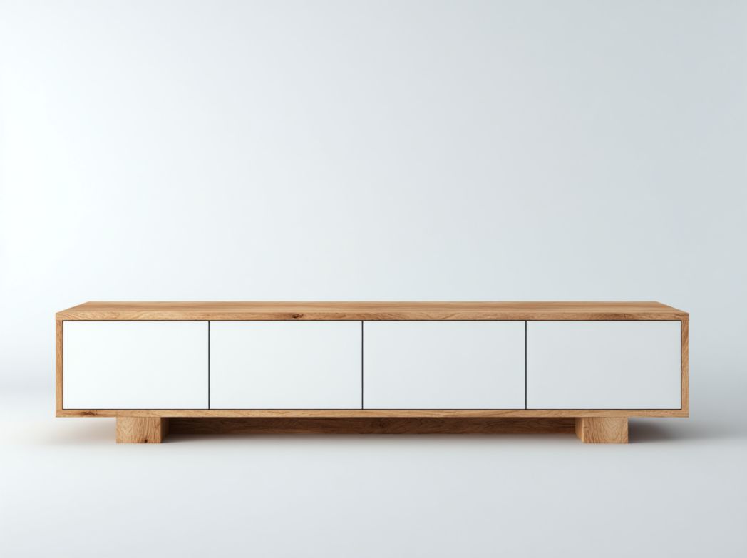 Meuble TV rectangulaire en bois avec quatre portes, finition blanc et bois naturel