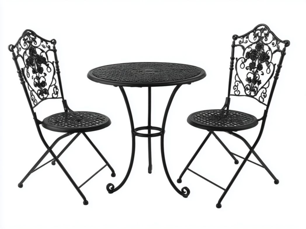 Ensemble de jardin en métal noir avec table ronde et deux chaises pliantes décorées