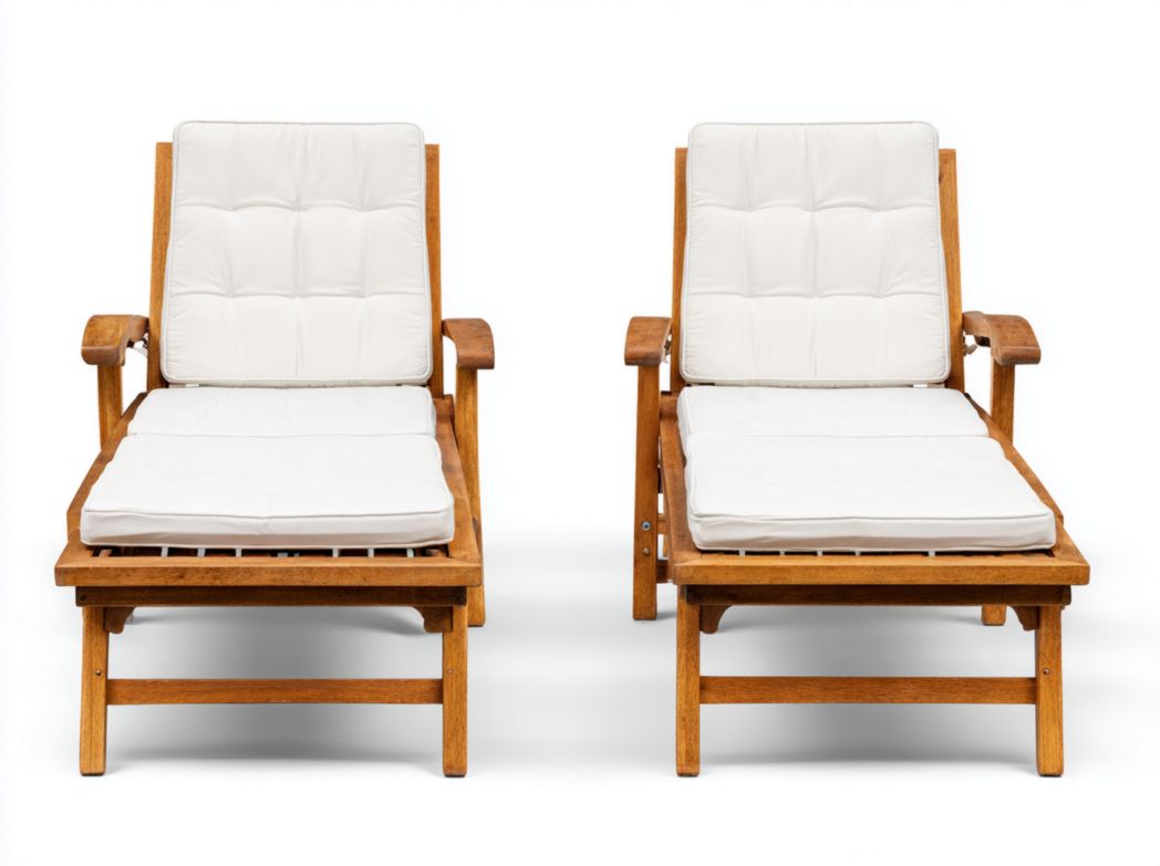 Lot de 2 chaises longues en bois avec coussins blancs
