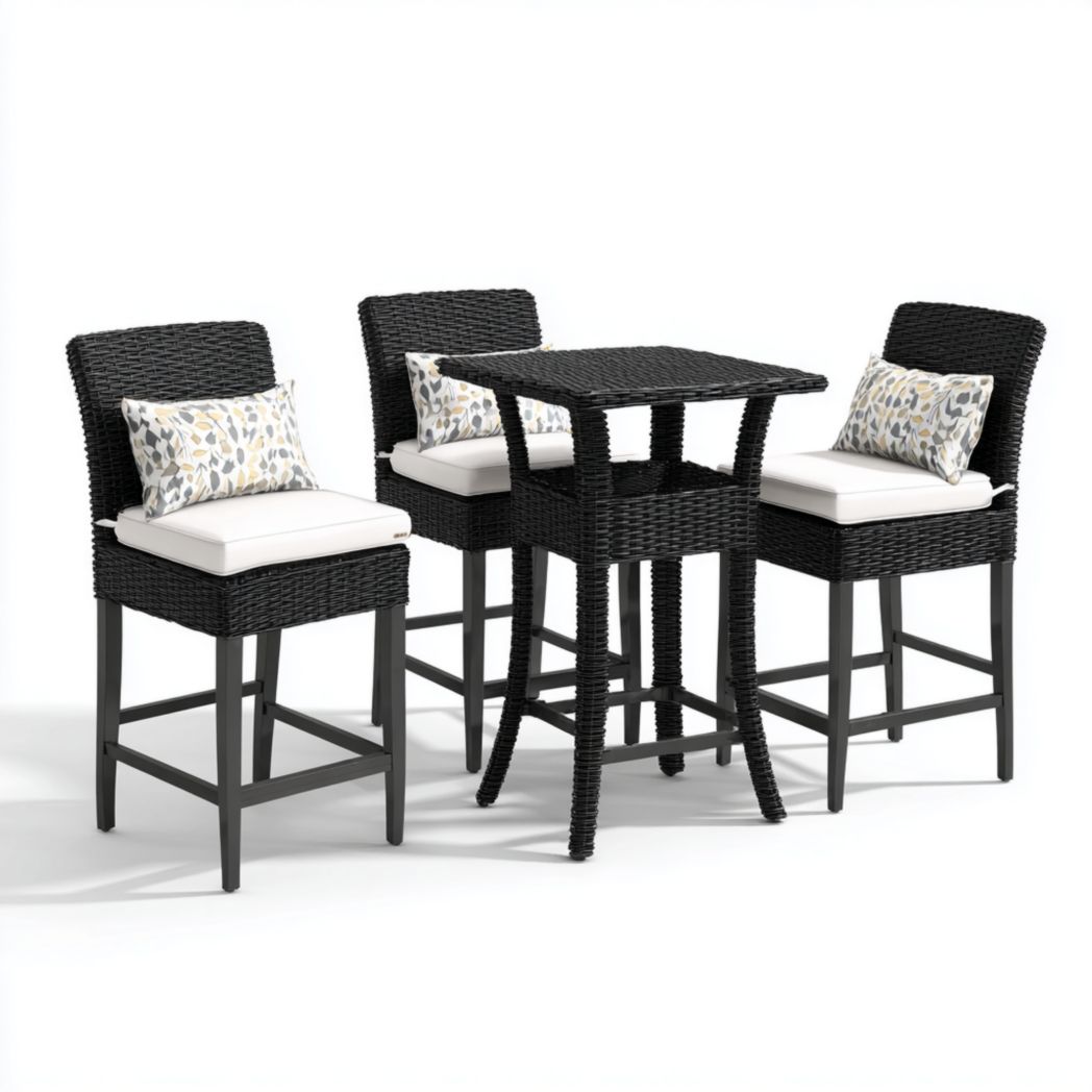 Ensemble bar de jardin en résine tressée noire – 1 table carrée et 3 chaises hautes avec coussins blancs et dossiers décoratifs